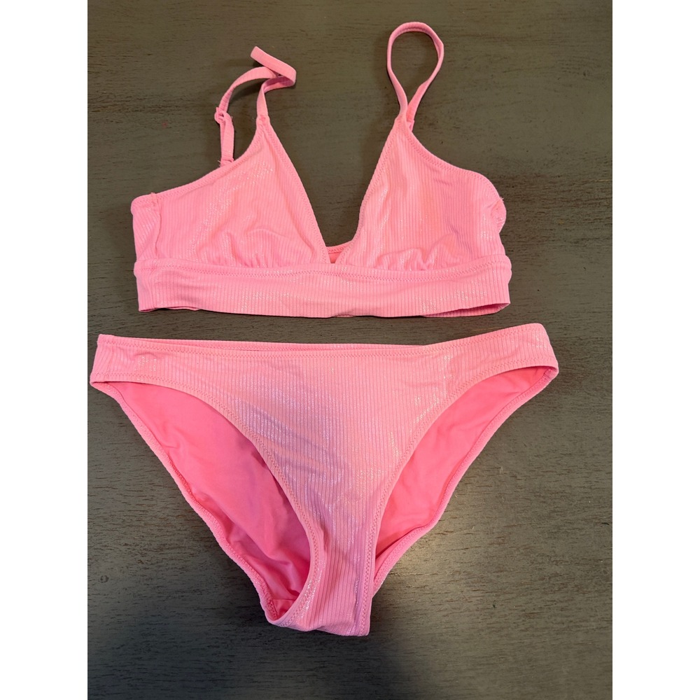 Aerie Real Good Pink Ribbed Shimmer Triangle Bikini Set Size S P